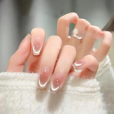 Imagem de Pressionar unhas médias olho de gato cola falsa unhas com design ombré rosa nude cobertura completa bastão falso artificial em unha de acrílico para mulheres uso diário, 24 peças