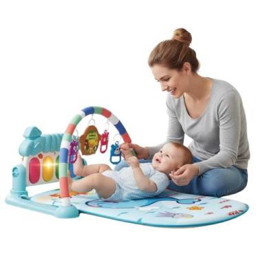 Imagem de Tapete de Atividades Musical para Bebês com Piano Interativo Removível e Móbiles Coloridos | Centro de Atividades Multissensorial para Desenvolvimento Motor e Cognitivo Cor Azul