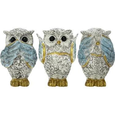 Imagem de EHERDM Conjunto de 3 peças de estatuetas de coruja, ouça fala, não veja o mal, zen, humor, sábio, estátuas de coruja colecionáveis, esculturas de pássaros para prateleira, armário, decoração de mesa,