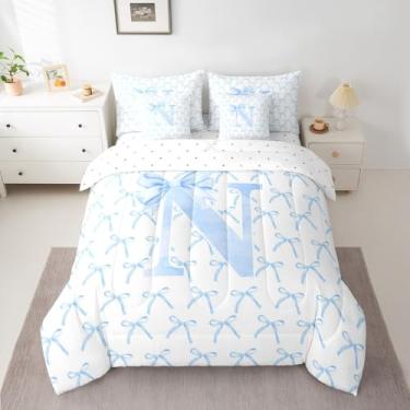Imagem de Conjunto de cama Queen com laço de desenho animado e laço azul, letra N nó, aquarela, patchwork, azul, branco (edredom + lençol + 2 fronhas + 2 fronhas + 2 capas de travesseiro)