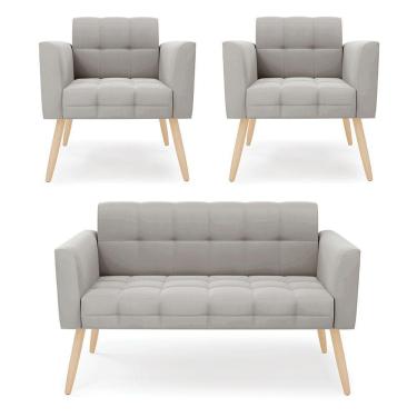 Imagem de Kit 1 Sofá Namoradeira E 2 Poltronas Elisa Veludo Pés Palito Natural - D'rossi Cor Cinza