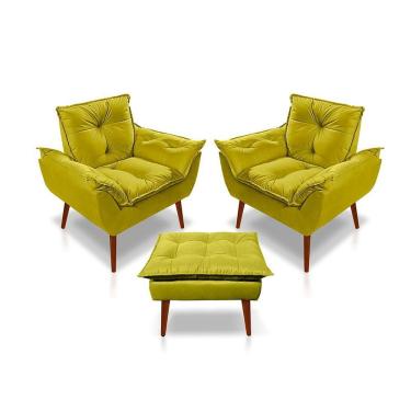 Imagem de Kit C-2 Poltronas Opala + 01 Puff Opala Elegante Suede Amarelo