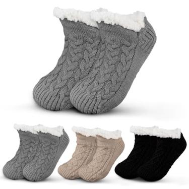 Imagem de Cutecrop 3 pares de meias unissex fofas e quentes para homens e mulheres, forradas com lã, antiderrapante, Natal, Dia de Ação de Graças, para uso interno, inverno, presentes, preto, cinza, cáqui