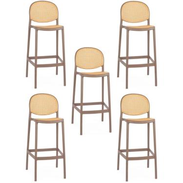Imagem de Kit 5 Banqueta Alta Com Encosto Roma Em Polipropileno Cozinha/bancada - Marrom Claro