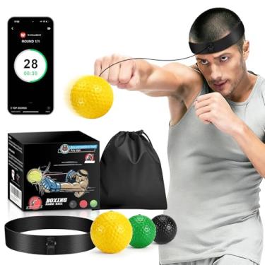 Imagem de JUOIFIP Conjunto de bola de reflexo de boxe | Aplicativo de contador de perfurações incluído, 3 bolas com pesos diferentes, faixa de cabeça ajustável | Treinador de reação olho-mão | Equipamento de