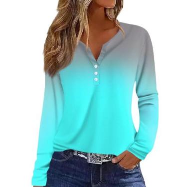 Imagem de Camiseta feminina COTECRAM com botão, decote em V, manga comprida, B, 