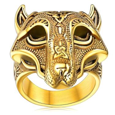 Imagem de FaithHeart Nórdico Viking Jewelry masculino Aço inoxidável Vikings Anel de cabeça de lobo/martelo do Thor Valknut Joias góticas de guerreiro - Gravação personalizada Dourado