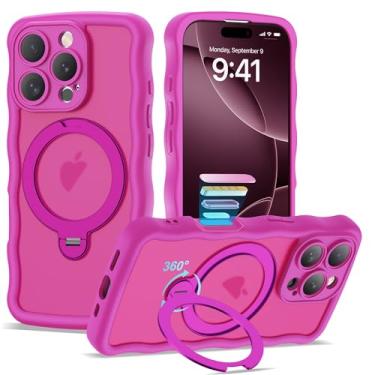 Imagem de BTBTCASE Capa compatível com iPhone 16 Pro com anel magnético rotativo de 360° e suporte invisível, compatível com Mag-Safe, linda capa protetora para celular com moldura ondulada ondulada translúcida