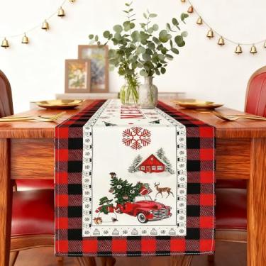 Imagem de Caminho de mesa de Natal, 182 cm x 33 cm linho vermelho preto xadrez Feliz Natal caminhão & árvore impressão caminho de mesa, design de rena, decoração de mesa de férias de linho para jantar de Natal