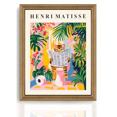 Imagem de ICHZUMW Arte de parede de banheiro de gato malhado engraçado, arte de pintura impressa em tela colorida emoldurada, imagem peculiar de leitura de animal, decoração de parede de dopamina rosa feminina