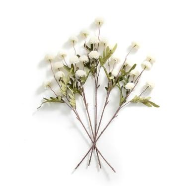 Imagem de 5 peças de flores artificiais para mães de pompom branco, mini crisântemo de seda falso Kiku com hastes longas - flores falsas para mães de seda para buquê de bricolage, enchimentos de casamento