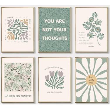 Imagem de 6 peças de arte de parede de saúde mental psicologia terapia citações motivacionais verde abstrato boho imagens florais pôster decoração de parede impressão em tela arte para quarto, escritório