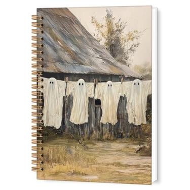 Imagem de TWRVI Caderno espiral vintage fantasma de Halloween, caderno rústico assustador de lavanderia fantasma pautado na faculdade para material de escritório escolar, cadernos de diário de Halloween, 14 x