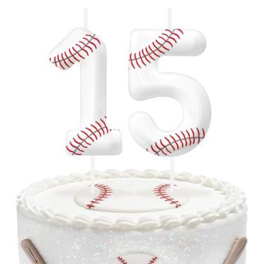 Imagem de Velas de aniversário de beisebol número 15, topo de bolo com tema de beisebol para meninos e meninas, decorações de bolo para aniversários, suprimentos de festa com tema esportivo, velas para