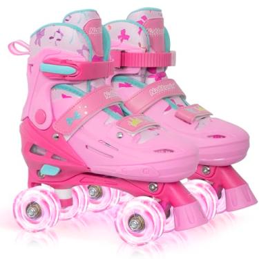 Imagem de Nattork Patins infantis para meninas, laço e coroa quadriciclos para jovens adolescentes 10 11 12 anos, tamanho ajustável com rodas iluminadas - presente de aniversário para esportes internos e