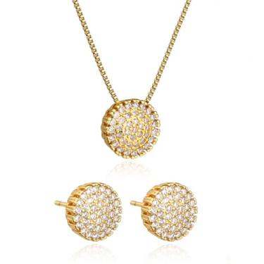 Imagem de FLORA Conjunto de colar e brinco de pizza com zircônias banhadas a ouro 18K para mulheres elegantes (Ouro)