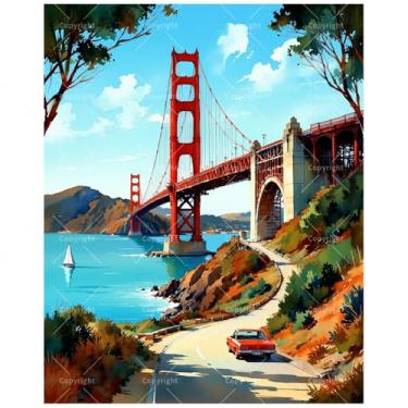Imagem de Kit de pintura Golden Gate Bridge por números para adultos - DIY pintura panorâmica litorânea em tela 40,6 x 50 cm, conjunto de tinta acrílica emoldurada, adequado para iniciantes, arte icônica para