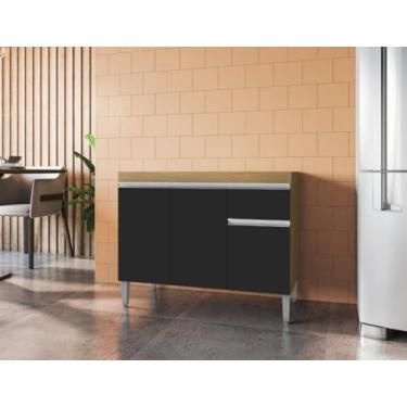 Imagem de Balcão Gabinete de Pia Tatiane 100cm Amêndoa/Preto S/Tampo 3 Portas 1 Gaveta