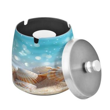 Imagem de Blueangle Lindo cinzeiro de praia tropical com tampa para cigarros, à prova de vento/chuva, aço inoxidável, sem fumaça, inodoro, cinzeiro para uso interno ou externo (594)