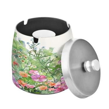 Imagem de Blueangle Cinzeiro de jardim de verão em aquarela com tampa para cigarros, à prova de vento/chuva, aço inoxidável, sem fumaça, inodoro, cinzeiro para uso interno ou externo (321)