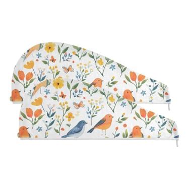 Imagem de SEHANY Toalha de cabelo de microfibra com flores coloridas elegantes para mulheres, 2 peças, turbantes de cabelo de secagem rápida com botão, touca de cabelo seco absorvente, toalha de secagem de