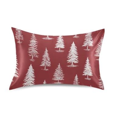 Imagem de ATTX Fronha de árvore de Natal vermelha e branca com fecho de envelope para cabelo e pele, macia, respirável, suave, ambos os lados, capa de almofada de seda refrescante (tamanho padrão 50 x 66 cm, 1