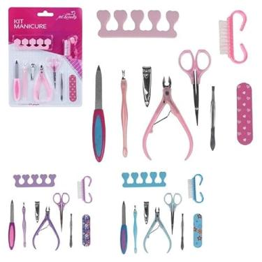 Imagem de Kit Manicure Profissional, 9 Peças, com Alicate, Cortador, Lixas, Tesoura, Separador de Dedos, Escova,espátula,pinça (Rosa)