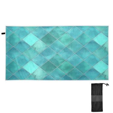Imagem de ATTX Toalha de praia xadrez geométrica em aquarela azul-petróleo 76 x 152 cm - Cobertor de microfibra leve de secagem rápida e resistente à areia para piscina, ioga, academia e viagens | Esportes de
