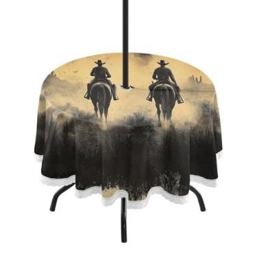 Imagem de Blueangle Toalha de mesa redonda de 152 cm impermeável ao ar livre American West Cowboy com orifício para guarda-chuva - Tecido resistente à prova de sol para todos os climas para pátio, acampamento