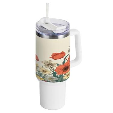 Imagem de xigua Copo vintage de flores silvestres de 1,134 g com alça e canudo, aço inoxidável duplo isolado a vácuo garrafa de água suporte de copo de garrafa de água amigável à prova de vazamento copo de