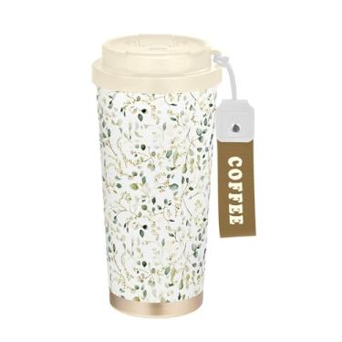 Imagem de SEHANY Caneca de viagem Green Leaves de 482 ml Copos de café reutilizáveis revestidos de cerâmica com tampa à prova de vazamento, parede dupla, isolamento a vácuo, copo de café de aço inoxidável para