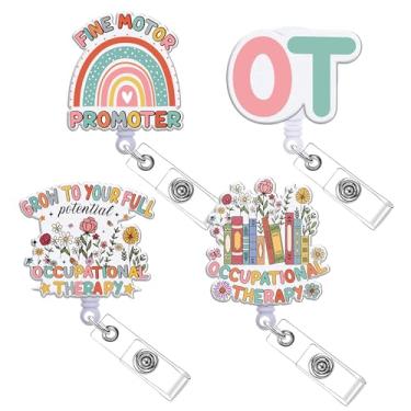 Imagem de Obookey 4 carretéis de crachá de terapia ocupacional, porta-crachá retrátil para OT, lindo carretel de crachá de flor com clipe para assistente de terapeuta ocupacional, enfermeira, médico, acessórios