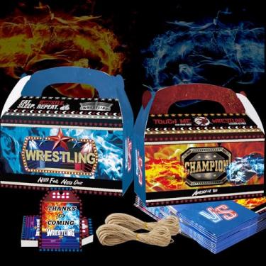 Imagem de HAPPARTY 24 caixas de lembrancinhas de festa de luta livre com 24 peças de etiquetas de agradecimento, sacos de presente com tema de boxe para decoração de aniversário