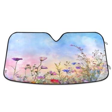 Imagem de ATTX Wildflowers para-sol para para-brisas de carro 144.8 cm x 80.0 cm escudo solar universal com proteção UV, persiana de janela frontal automática dobrável para caminhões Sedans SUVs #429
