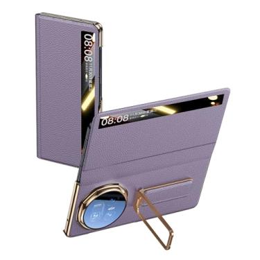 Imagem de HAOMRIYL Capa para Honor Magic V5, capa invisível com suporte para alça de mão, capa com suporte para janela lateral inteligente, couro genuíno com tudo incluído, capa à prova de choque, roxa, V5