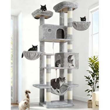 Imagem de Gitelsnour Árvore para gatos de 205 cm para ambientes internos, grande torre para gatos multiadultos, casa na árvore para gatos com rede grande, 2 poleiros superiores/condos/cestas, 8 postes para