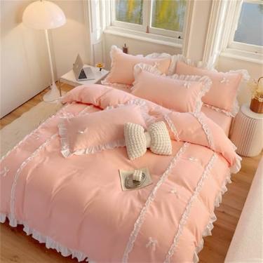Imagem de XLCZMYL Conjunto de capa de edredom estilo princesa de quatro peças de algodão e algodão puro com nó de borboleta conjunto de capa de edredom de dormitório, 1,1,5 m, 3 peças