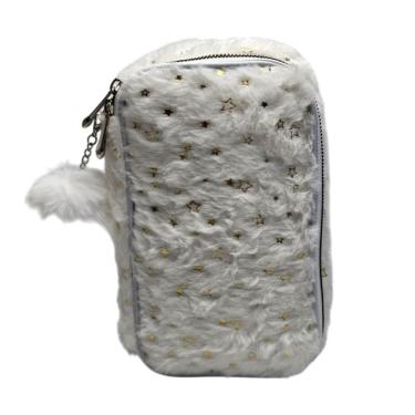 Imagem de Estojo Box Escolar Pelúcia Branco Estrelas Douradas Fofo Grande Material Lápis Caneta Aula Pompom