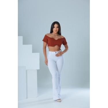Imagem de Calça flare jeans feminina Com lycra cintura alta levanta bumbum com e