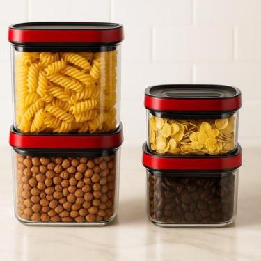 Imagem de Kit 4 Potes Herméticos Empilháveis  Tampa Vermelha Premium  Vedação To