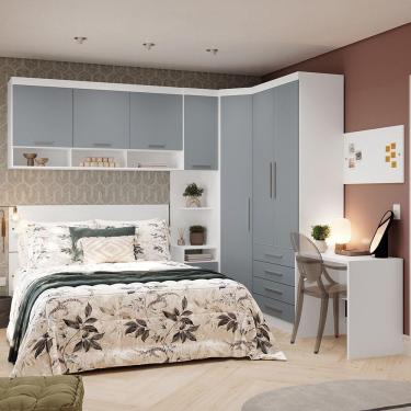 Imagem de Quarto De Canto Casal Com Guarda Roupas Cabeceira E Escrivaninha Alpes Luciane Móveis Branco Pf Com Grey Sky Pf