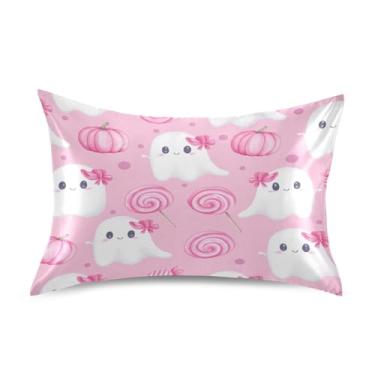 Imagem de Qilmy Fronhas de cetim fantasmas rosa de Halloween, fronha de seda respirável macia com fecho de envelope para sofá cama, tamanho Queen 76 x 50 cm