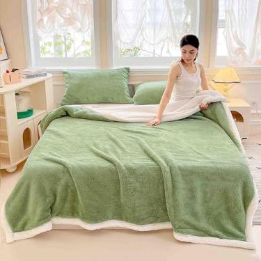 Imagem de Cobertor de lã fofo feminino masculino para cama adulto longo casal solteiro para sofá de camada dupla de lã macio confortável grosso quente para primavera outono inverno (verde, 100 x 150 cm)