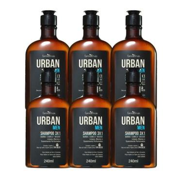 Imagem de Kit 6 Shampoo 3 Em 1 Barba Cabelo Bigode Masculino 240ml Urban Men Farmaervas