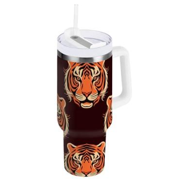 Imagem de ODAWA Copo de viagem isolado grande com tampa e canudo, Tigres marrom escuro à prova de derramamento com canudo