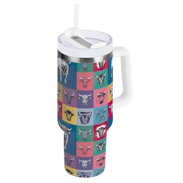 Imagem de ODAWA Copo grande isolado de parede dupla, copo colorido xadrez isolado a vácuo com alça e canudo