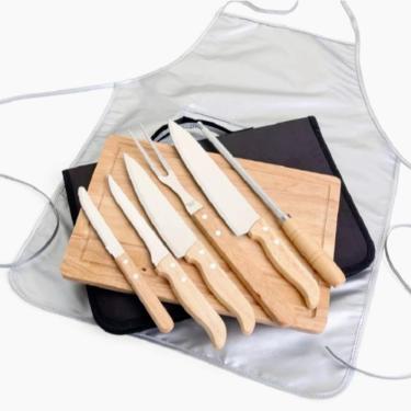 Imagem de Kit Churrasco Conjunto de 8 PeçAs Madeira e AçO InoxidáVel Inclui um Avental e Uma TáBua de Cortar Adequado para Preparar Pratos de Carne em Casa e ao Ar Livre