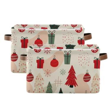 Imagem de Cesta de armazenamento grande para prateleiras – organizador de roupas de lona dobrável com alças de couro sintético para armário, árvore de Natal fofa para berçário, pacote com 2