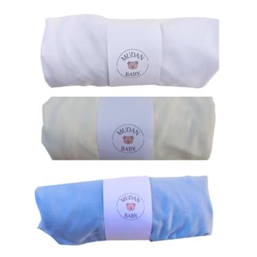 Imagem de Kit 3 Lençóis Avulsos com Elástico para Berço Americano, Malha 100% Algodão, Hipoalergênico, 160x98x12cm (Branco/Palha/Azul)