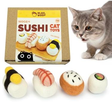 Imagem de Woolbuddy Conjunto de brinquedos para gatos de sushi (4 peças) – Brinquedos interativos de feltro de lã para gatos e gatinhos em ambientes internos, sem erva de gato, duráveis, fofos e enriquecedores